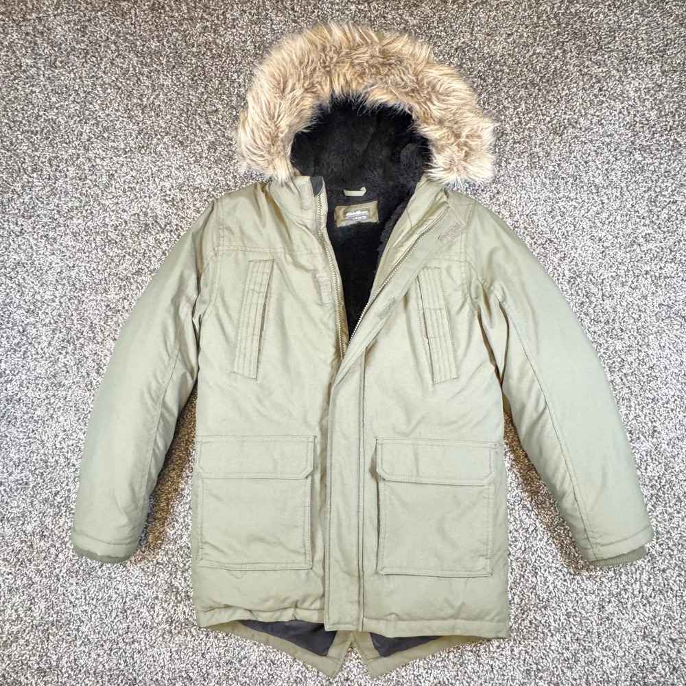 Eddie Bauer Superior Down Parka Boys M 10/12 Olive Green Faux Fur Hood Coat